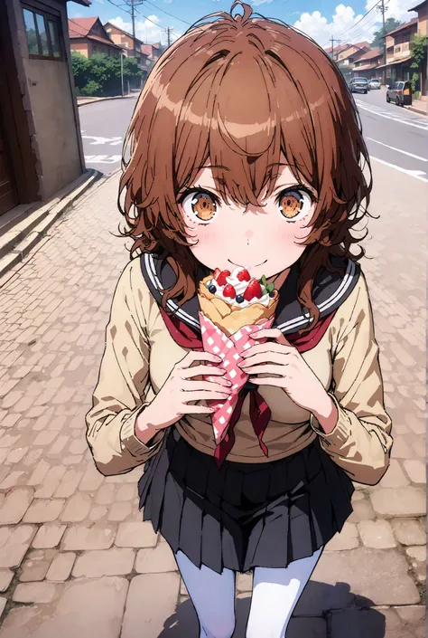 Liliru Card, Lilylka Alde, brown eyes, black cock, smile,cover,opens her mouth,short hair,Black sailor suit,red 弓tie, yellow cardigan , black mini pleated skirt ,white pantyhose as if it were in the illustration,loafers,Holding a crepe with one hand,School...