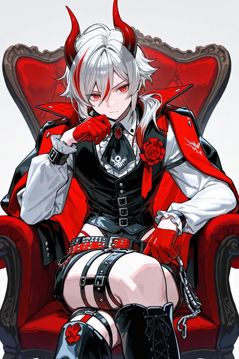 crossed legs, sitting, Male focus,Best Quality, Masterpiece, adult male, (8K, Best Quality, Masterpiece:1.2), Ultra Highres, Intricate Details, Gothic, 1boy, (beautiful face:1.2), frilled shirt, (knickerbockers:1.2), corset, overknee boots with garter, bon...