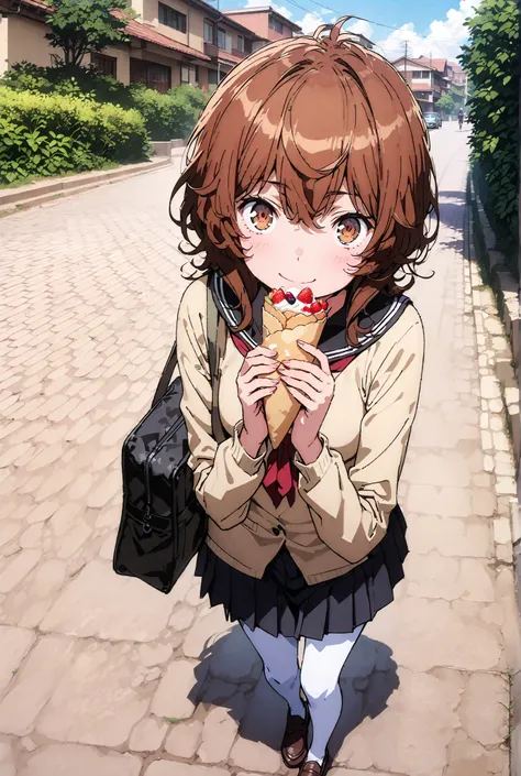 Liliru Card, Lilylka Alde, brown eyes, black cock, smile,cover,opens her mouth,short hair,Black sailor suit,red 弓tie, yellow cardigan , black mini pleated skirt ,white pantyhose as if it were in the illustration,loafers,Holding a crepe with one hand,School...
