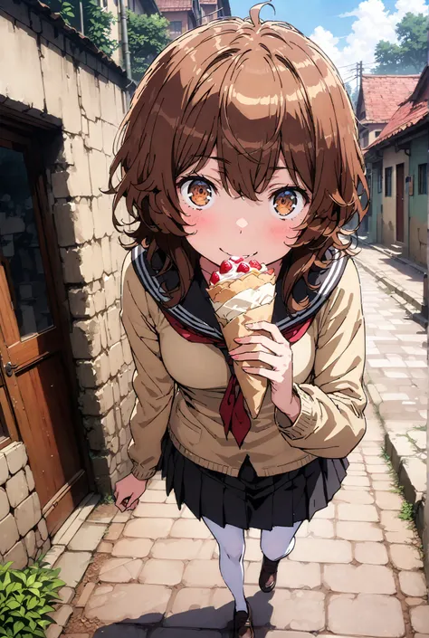 Liliru Card, Lilylka Alde, brown eyes, black cock, smile,cover,opens her mouth,short hair,Black sailor suit,red 弓tie, yellow cardigan , black mini pleated skirt ,white pantyhose as if it were in the illustration,loafers,Holding a crepe with one hand,School...