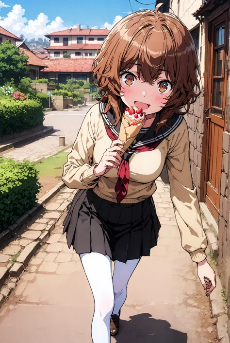 Liliru Card, Lilylka Alde, brown eyes, black cock, smile,cover,opens her mouth,short hair,Black sailor suit,red 弓tie, yellow cardigan , black mini pleated skirt ,white pantyhose as if it were in the illustration,loafers,Holding a crepe with one hand,School...