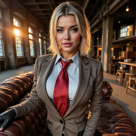 woman, blonde hair, female mobster, mafia style, brown tweed 3-piece business suit with a white shirt and red tie, leather gloves, best quality, masterpiece, cocky smirk, looking at the viewer, lounging in an old leather couch while in a old abandoned des...
