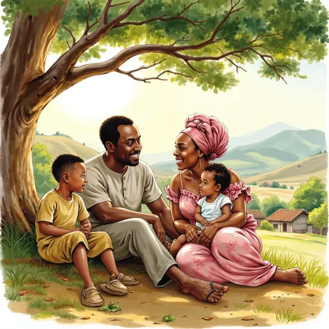 A warm and peaceful scene of a Nigerian family of four seated under the shade of a large tree in a serene outdoor setting. The father and mother sit close together, engaged in a pleasant conversation, both smiling. Their eight-year-old son sits between the...