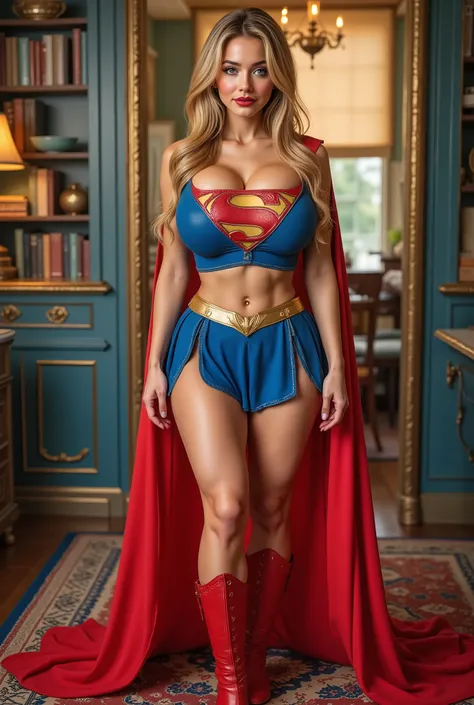 (BLUE EYES:2.3) a beautiful girl with long blonde hair, detailed blue eyes, nose, and red lipstick,WEARING A BLUE SUPERGIRL CROP TOP, RED MINI SKIRT, RED CAPE AND RED BOOTS (best quality,4k,8k,highres,masterpiece:1.2),ultra-detailed,(realistic,photorealist...