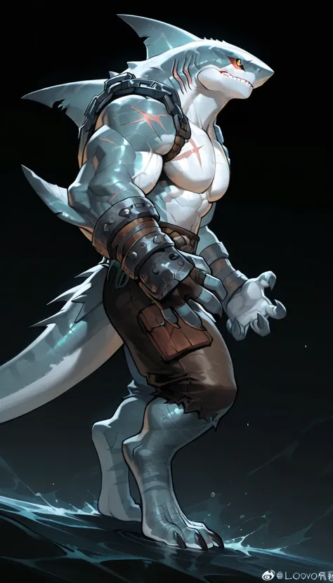 sharkman, anthro megalodon, darker hands and fins, solo, big arms, bara, detailed skin, lizard shark hybrid, anthro, closed mouth, polynesian tattoos, tattoos covering arm and shoulder, detailed scalie skin, scalie arms, fins on arms, gray color body, beef...