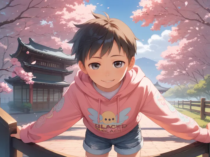1 boy, (young boy), solo, cute, ikemen, (about ), (black short straight hair), Half-open eyes, (big eyes, clear eyes), happy smile, white long sleeve hoodie, bleached denim shorts, standing, looking at me, (beautiful detailed eyes, detailed hair, detailed ...