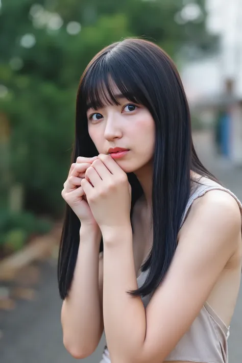 A high resolution photograph of a young Japanese woman, intricate details, professional lighting, sharp focus, solo, 1girl, posing for gravure photography, (full frontal, completely nude, naked, standing in the bedroom, covering own nipples with both hands...