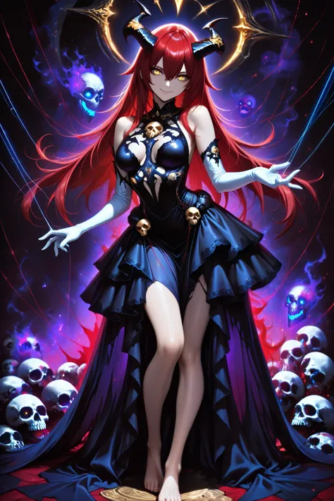 (masterpiece) , (highest quality) , (very detailed) , (the best shape) , (absurd) , (so beautiful) , (perfect anatomy), (perfect clear eyes), 1girl,red hair, long hair, golden eyes , long hair , gloves, standing, solo, looking at viewer, barefoot ,dress, d...