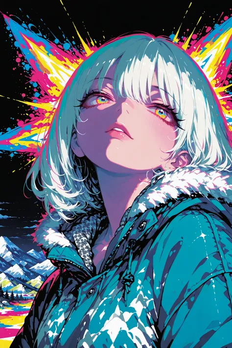 popart, high contrast, (masterpiece, best quality:1.2), 1girl, solo, Mountain parka, very detailed Houndstooth pattern, flared hem, beautiful detailed eyes, beautiful detailed lips, extremely detailed eyes and face, long eyelashes, upperbody,vivid colors, ...