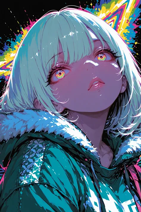 popart, high contrast, (masterpiece, best quality:1.2), 1girl, solo, Mountain parka, very detailed Houndstooth pattern, flared hem, beautiful detailed eyes, beautiful detailed lips, extremely detailed eyes and face, long eyelashes, upperbody,vivid colors, ...