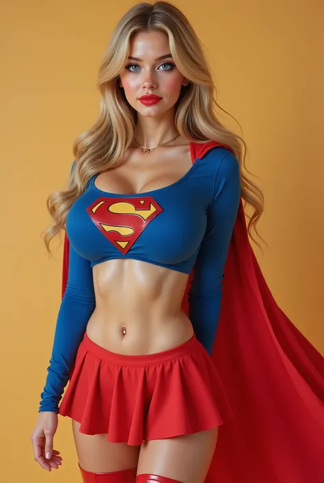 (BLUE EYES:2.3) a beautiful YOUNG girl with long blonde hair, detailed blue eyes, nose, and red lipstick,WEARING A LONG SLEEVE BLUE SUPERGIRL CROP TOP, RED MINI SKIRT, RED CAPE AND RED BOOTS (best quality,4k,8k,highres,masterpiece:1.2),ultra-detailed,(real...