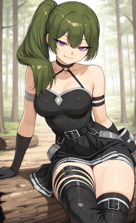 ((übel)), ((sousou no frieren)), ((masterpiece)), ((high resolution)), ((solo portrait)), {(attractive figure), (medium breasts), (detailed thighs), (beautiful legs), (green hair), (side ponytail), (lidded eyes), (cute purple eyes), (long eyelashes), (cute...