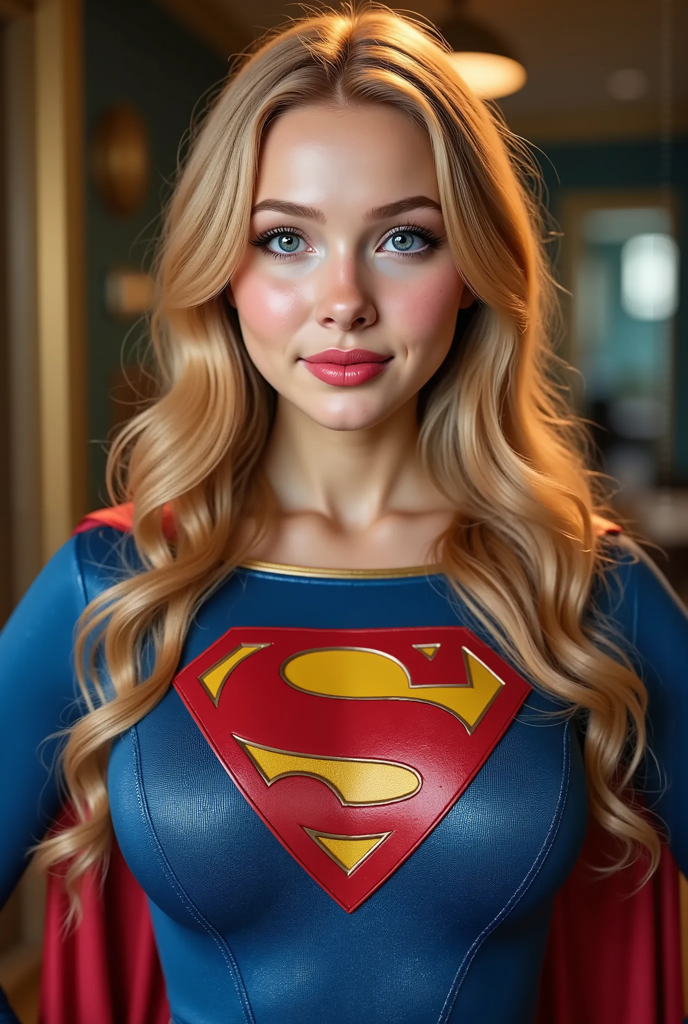 (BIG BLUE EYES:2.3) a beautiful girl with long blonde hair, detailed blue eyes, nose, and red lipstick,WEARING A 1985 SUPERGIRL COSTUME, CAPE AND BOOTS (best quality,4k,8k,highres,masterpiece:1.2),ultra-detailed,(realistic,photorealistic,photo-realistic:1....