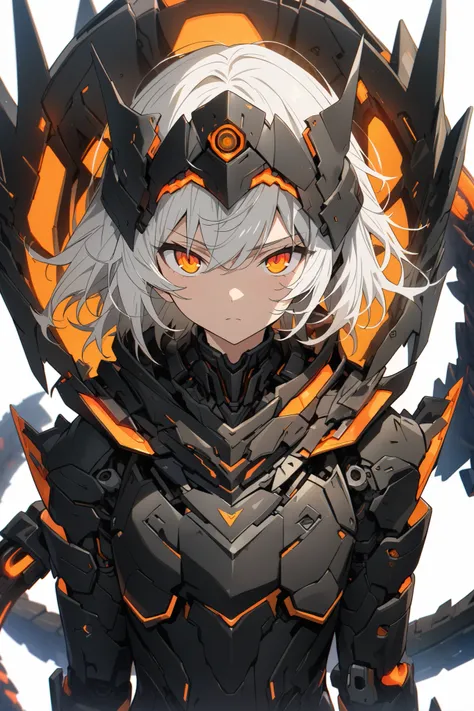 [(WHITE BACKGROUND:1.5),::5], ((masterpiece)), high quality, ultra very high resolution, full color, ((solo)), (boy), Black cyborg armor, (assassin armor), ((mechanical tail)), ((men's White hair)), (Orange eyes), anime, (upper body), Orange neon light,
