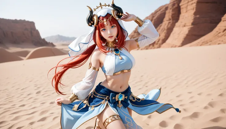 Korean face, kpop face, blue skirt, bracer, circlet, crop top, dancer, detached sleeves, fake horns, gladiator sandals, gold footwear, gold trim, horns, jewelry, long sleeves, neck ring, puffy long sleeves, puffy sleeves, sandals, skirt, thighlet, thighs, ...