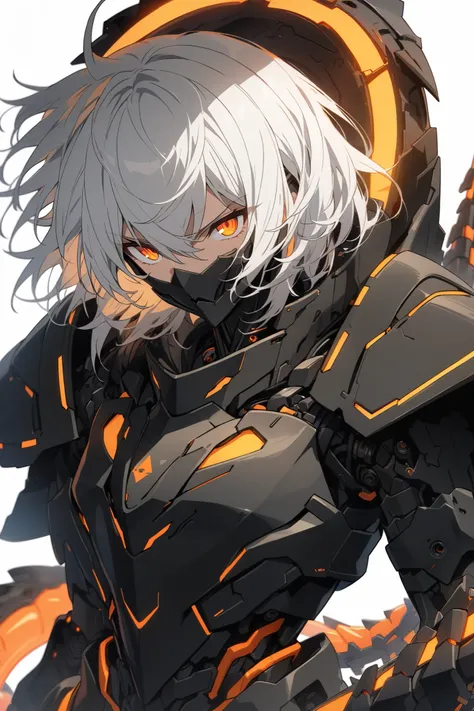 [(WHITE BACKGROUND:1.5),::5], ((masterpiece)), high quality, ultra very high resolution, full color, ((solo)), (boy), Black cyborg armor, (assassin armor), ((mechanical tail)), ((men's White hair)), (Orange eyes), anime, (upper body), Orange neon light,