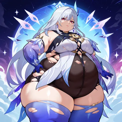 skirk \(genshin impact\), genshin impact, 1girl, solo, breasts, long hair, gloves, thighhighs, looking at viewer, elbow gloves, hand on hip, bangs, hair ornament, jewelry, blue gloves, bare shoulders, grey hair, large breasts, earrings, thighs, blue thighh...