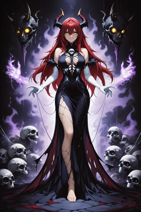 (masterpiece) , (highest quality) , (very detailed) , (the best shape) , (absurd) , (so beautiful) , (perfect anatomy), (perfect clear eyes), 1girl,red hair, long hair, golden eyes , long hair , gloves, standing, solo, looking at viewer, barefoot ,dress, d...