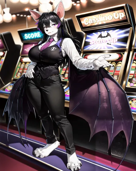 masterpiece, best quality, anime shading, full body picture, athletic body type, centered, three quarter view, 1girl, ((single view)), ((alone)), anthro, furry, fox female, ((white fox)), ((bat ears:1.5)), purple eyes, white fur, white skin, ((shoulder len...