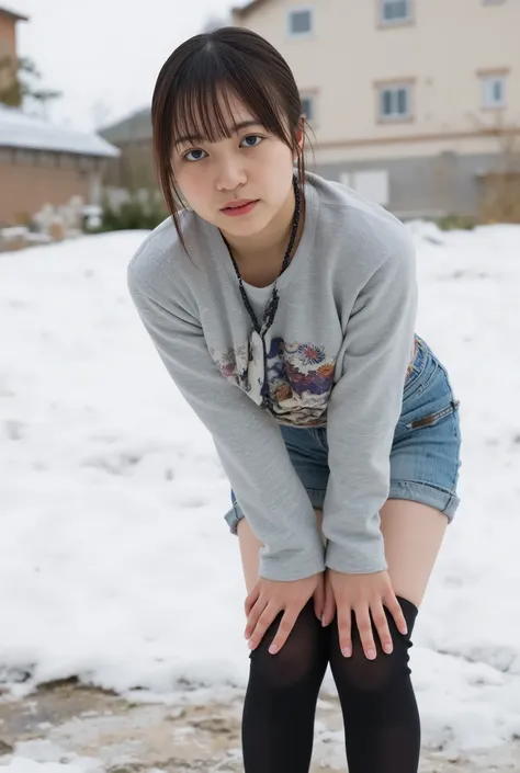 high resolution pictures of young Japanese women, Fashion Shoot, full body, Focus on Your FACE, dark hair with bangs,  snowy skin , fine skin, (schools, black thighhighs, loafers), (urinating by herself while standing leaning forward with her legs open,  f...
