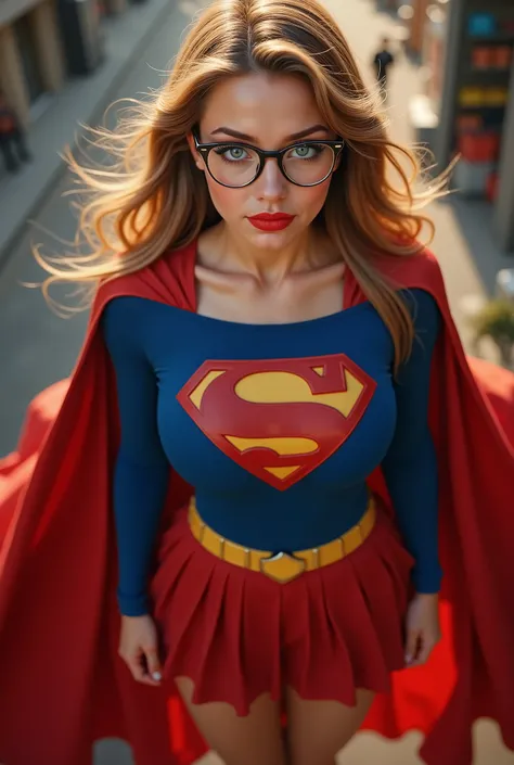 (BIG BLUE EYES:2.3) (LIBRARIAN GLASSES) a beautiful girl with long blonde hair, detailed blue eyes, nose, and red lipstick,WEARING A 1990 BLUE SPANDEX SUPERGIRL COSTUME, RED PLEATED SKIRT WITH A YELLOW SUPERMAN BELT, LONG RED CAPE AND BOOTS. PERFECT SKIN, ...