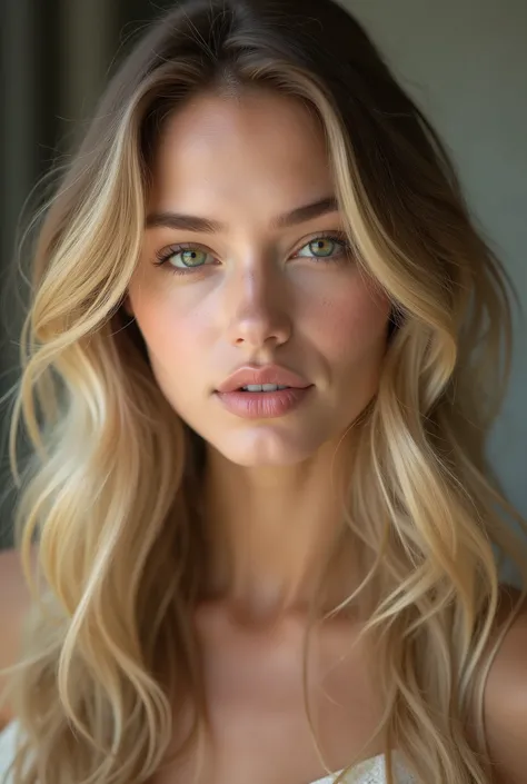 Portrait of a very attractive girl with natural beauty, look, focusing on her cheekbones and expressive facial features. She is a blonde with long, with slightly wavy wheat-colored hair, that beautifully wrap around her face. The girl's face is slender and...