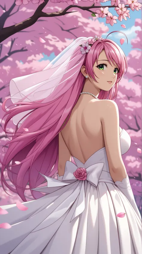 normal moka akashiya, long hair, green eyes, pink hair, ahoge, large breasts, Wedding Dresses , White Wedding Dress , Long skirt , wedding , Under the cherry blossom tree background , Cherry blossom petals are falling , outdoor , wedding , close-up of the ...