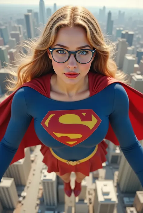 (BIG BLUE EYES:2.3) (LIBRARIAN GLASSES) a beautiful girl with long blonde hair, detailed blue eyes, nose, and red lipstick,WEARING A 1980 BLUE SPANDEX SUPERGIRL COSTUME, RED PLEATED SKIRT WITH A YELLOW SUPERMAN BELT, LONG RED CAPE AND BOOTS. PERFECT SKIN, ...