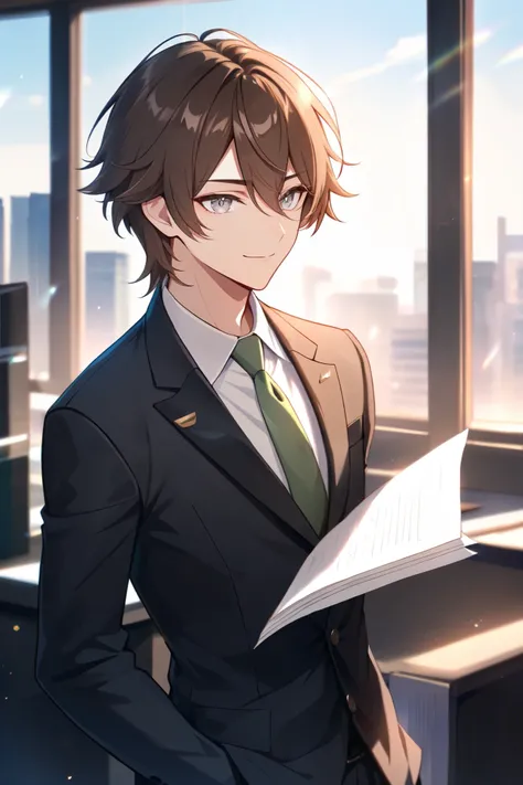 masterpiece, best quality, detailed face, detailed eyes, 1 boy, solo, handsome, slender body, light makeup, cool, friendly, gentle eyes, closed mouth, gentle smile, short hair, brown hair, grey eyes, office wear, black blazer, white shirt inner, green neck...