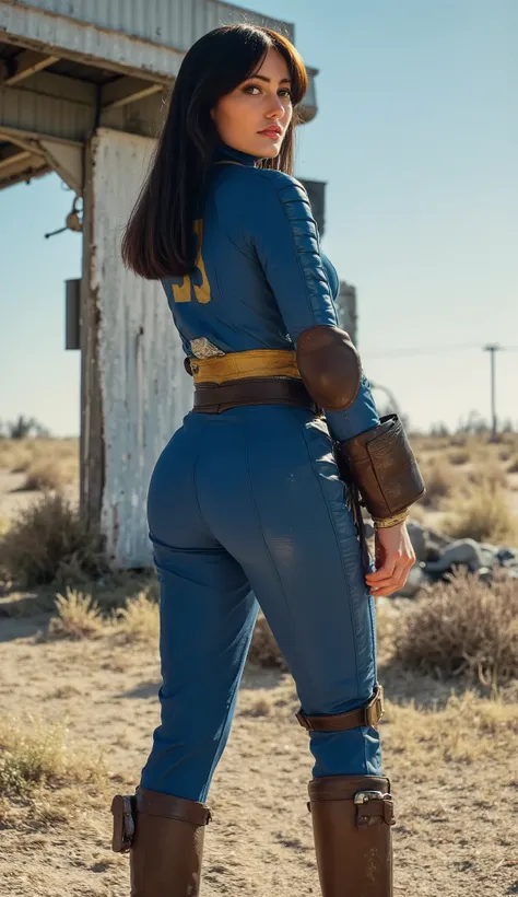1girl (Lucy McLean), very hot, full body, fit sexy body, narrow waist, thick thighs wide hips, ass focus, round ass; Lucy wears a blue sexy tight leather dirty jumpsuit with some yellow marks. She has long dark hair. she wear brown military boots and a bac...