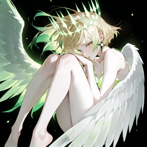 bottom view со спины, pose, turned around, 1 blonde , one wing , one wing , slightly covered with brown eyes, square, hair develops in the wind, long lashes, Glass retina, light golden hair with bright green tips, The ends of her hair are colored g...