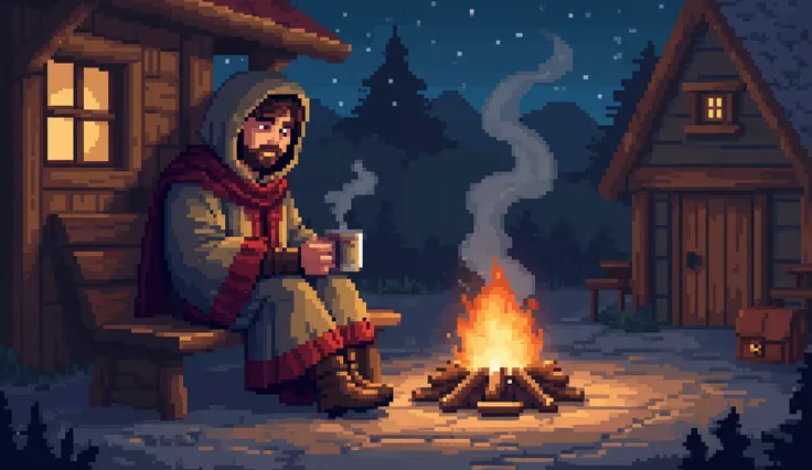 in the style of aziib_pixel. pixel art of A A lone traveler sits on a wooden bench by a roaring hearth in the center of a small, cozy village square. The traveler is wrapped in a thick, patchwork cloak, their hood pulled back to reveal a tired but content ...