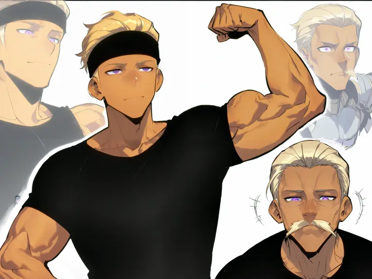 Handsome wholesome man in his 20's in futuristic fantasy clothes, black headband, slicked back blonde hair , purple eyes, tan, black t-shirt , flexing his biceps, intricate sketch, expressive eyes and nose and mouth, un-zoom, highly detailed, white backgro...