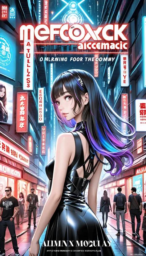 under the night sky、long-haired woman standing in a cyberpunk world。miling and winking are attractive。Realistic, natural hand depiction and、long-haired woman standing in a cyberpunk world。with neon twinkling in the background、Mechanical magazine cover with...