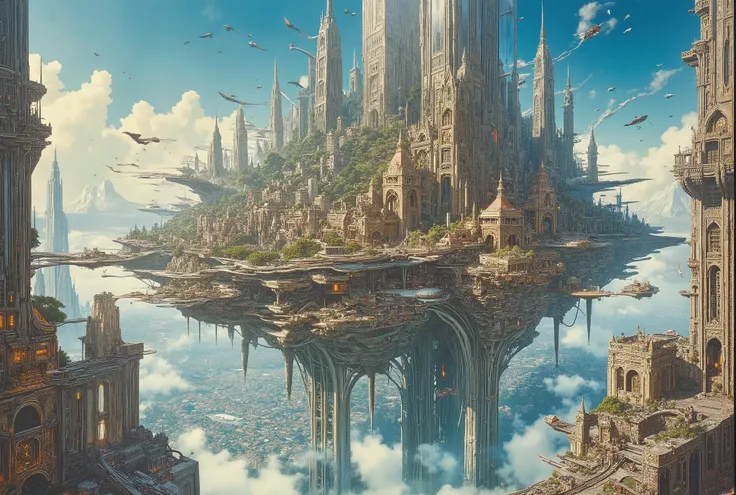 空中に浮く浮遊都市のSectional viewを掲載した芸術的なポスター,  Kingdom of the Sky,A vast kingdom floating in the sky , expanding multiple structures , A very small fairy , apartment ,    Allegorical Design   ,Sectional view,Sectional viewの中の小さなフェアリー,  smooth design sketch  ,  in...