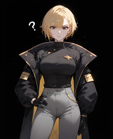 girl,for short hair, in black eyes,Yellow hair,Slim Gold Hairpin,Fierce face,Black jacket with long sleeves, Black Shirt , gray pants ,black background, Exhaustion,standing,Put on long black gloves,, milf ,Confused,body proportions