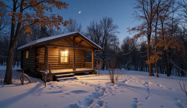 Under a canopy of stars and a crescent moon, a rustic log cabin stands peacefully in a snow-dusted autumn forest. The trees, though bare in many places, still cling to patches of golden and brown leaves, creating a subtle contrast against the white snow. A...