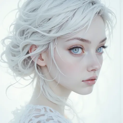 A surreal, ethereal portrait of a woman, taken in close-up, with a fascinatingly beautiful, almost angelic appearance, looking over her shoulder, her pale face seems to glow, smoothly merging with a pure white background, giving the impression that she ar...