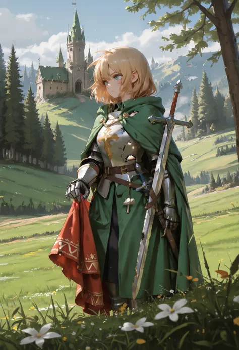 (Masterpiece, 32k, Best quality, Ultra Detailed), lady knight in foreground looking at a distance of a green field and forest and a castle, she wears adventurer garb with cloth cape and cloak flowing in the wind, all tattetered and battle damaged, she wear...