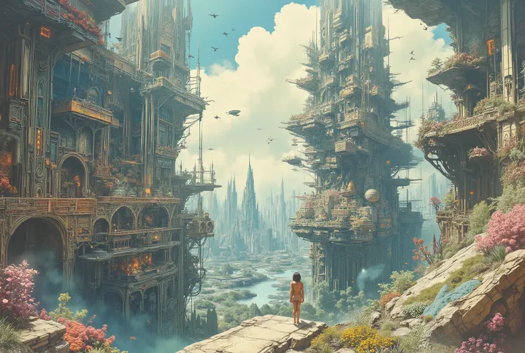 空中に浮く浮遊都市のSectional viewを掲載した芸術的なポスター,  Kingdom of the Sky,A vast kingdom floating in the sky , expanding multiple structures , A very small fairy , apartment ,    Allegorical Design   ,Sectional view,Sectional viewの中の小さなフェアリー,  smooth design sketch  ,  in...