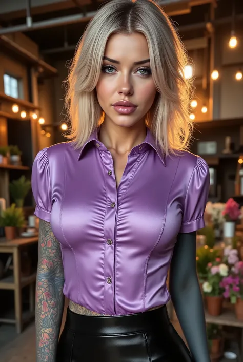 Foto hiperrealista en primer plano de Laurence Bedard, masterpiece, best quality, (photorealistic:1.4), full body, (lavender satin luxury short sleeve button-up shirt :1.1), (leather skirt), cinematic light, beautiful woman, medium breasts, wavy hair, deta...