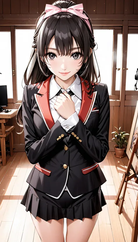 Western-style room by the window,woman,smile,Being photographed ,Miniskirt Saila suit,ponytail,Natural Hands,High Precision,Highest Quality,black eyes,professional,studio lighting,viewers watching butts,real,alone,Expectations,joy,natural makeup,