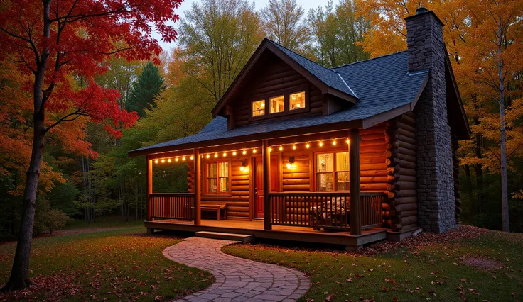 log cabin, adorned with strings of warm fairy lights, sits nestled in a vibrant autumn forest just as dusk begins to settle. The leaves overhead are a brilliant mix of scarlet, gold, and emerald green. A winding stone path leads up to the cabin's front por...