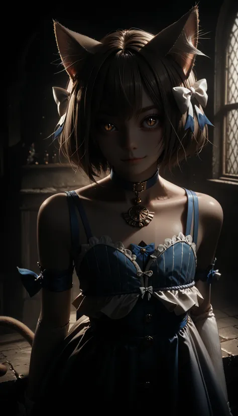 score_9, score_8_up, score_7_up, BREAK, 1boy,solo,animal ears, hair bow, cat ears, brown hair, short hair, bangs, sleeveless dress, brown eyes, white bow, blue choker, bare shoulders,thick eyebrows, detached sleeves, looking at viewer, dress bow, pendant, ...