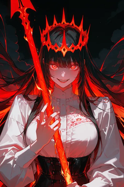 girl with long black hair, fluttering in the wind , long-haired, very big eyes, with her eyes , surprisingly wide patterns, red glowing eyes , Glass retina, white shirt, a corset, big plump lips, slightly open , licks his lips , looks at the vie...