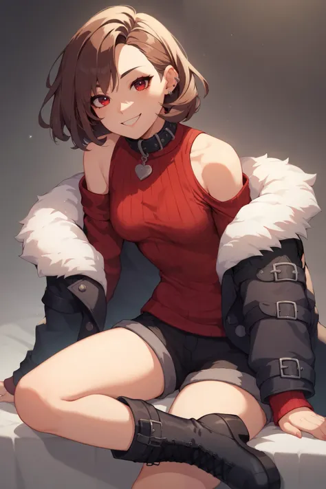 charaSF, 1girl, solo, medium hair, brown hair, red eyes, ear piercing, collar, black jacket, off shoulder, fur trim, red sweater, ribbed sweater, turtleneck, shoulder cutout, long sleeves, black shorts, black boots,
smiling, small breasts