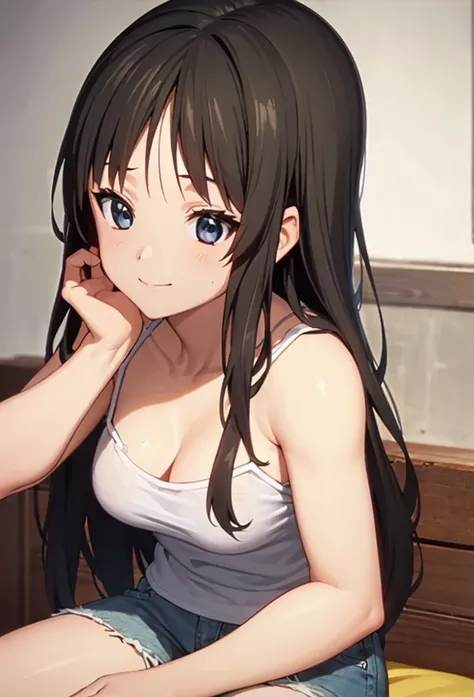 1 girl in her bedroom sitting on the bed wearing a light blue spaghetti strap tank top and blue jean shorts, smile, closed mouth, light brown hair, blue eyes, portrait shot. 