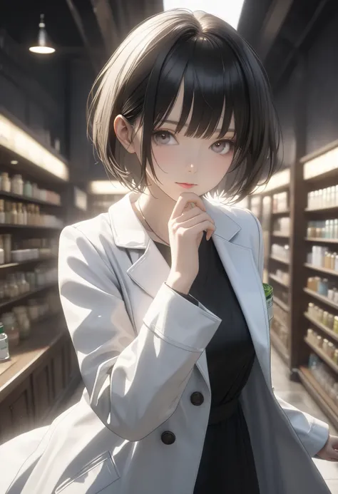 ((Highest quality)), ((masterpiece)), (detailed:1.4), Ray Tracing,NVIDIA,Super Resolution,Unreal 5,Scattered beneath the surface,PBR Texturing,Post-processing,Anisotropic Filtering,Depth of written boundary,Maximum clarity and sharpness,Female Pharmacist, ...