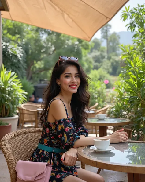 Photograph of a young, beautiful slender Indian woman with shoulder-length dark brown wavy hair and pale white skin, wearing bright lipstick. She has a heart-shaped face and big brown eyes, dressed in a short black dress with colorful floral patterns and a...