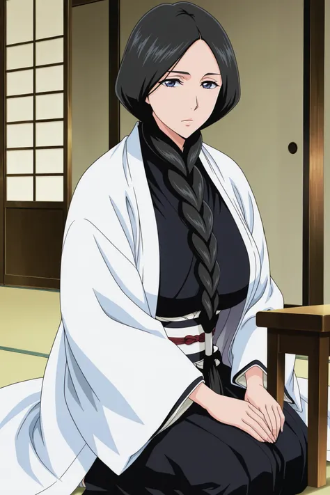masterpiece,best quality, amazing quality, very aesthetic,anime screencap ,1girl, solo, run0hana, black hair, single braid, dark blue eyes, large breasts, white haori, wide sleeves, black kimono, obi, black hakama, sandals, looking at viewer, mature female...